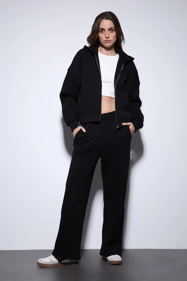 Antioch Siyah Fermuarlı Kapüşonlu Kadın Sweatshirt