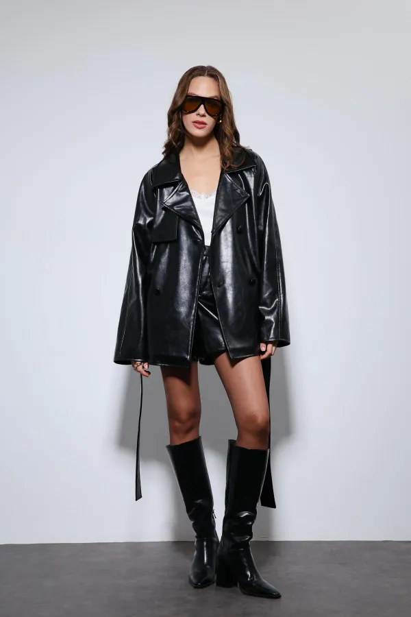 Antioch Siyah Suni Deri Kemerli Trençkot