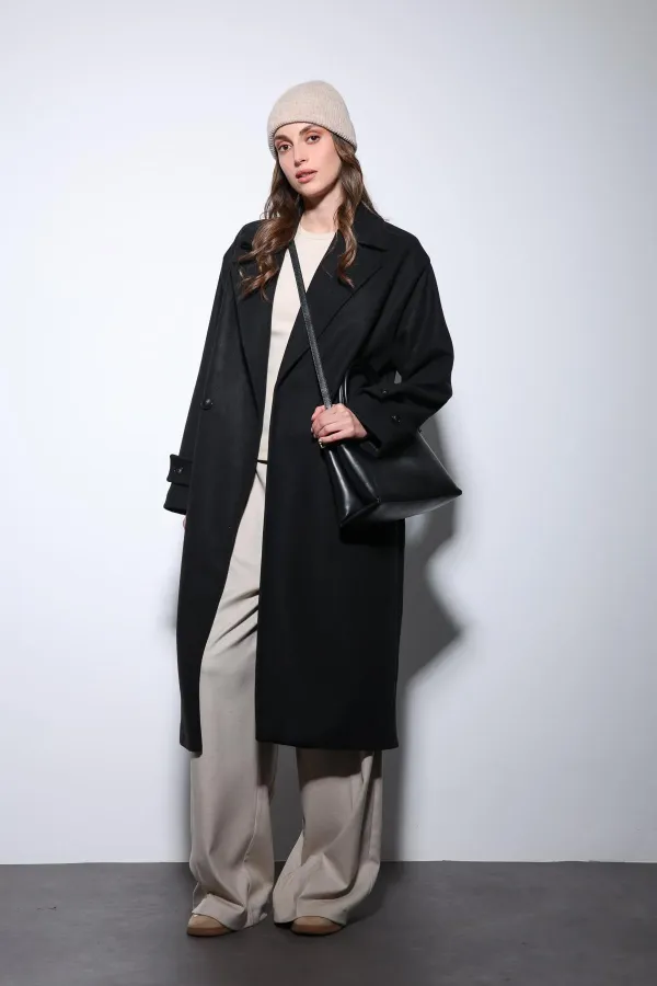 Antioch Siyah Kadın Yumuşak Dokulu Oversize Kruvaze Kaban