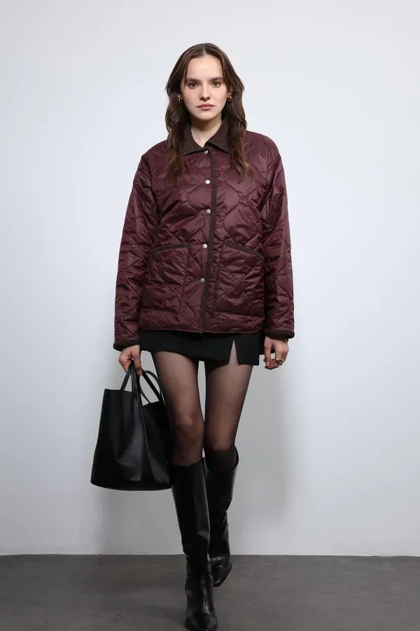 Antioch Bordo Kontrast Yaka Desenli Mont