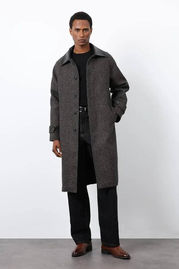 Antioch Coffee Wool Blend Contrast Collar Men's Coat