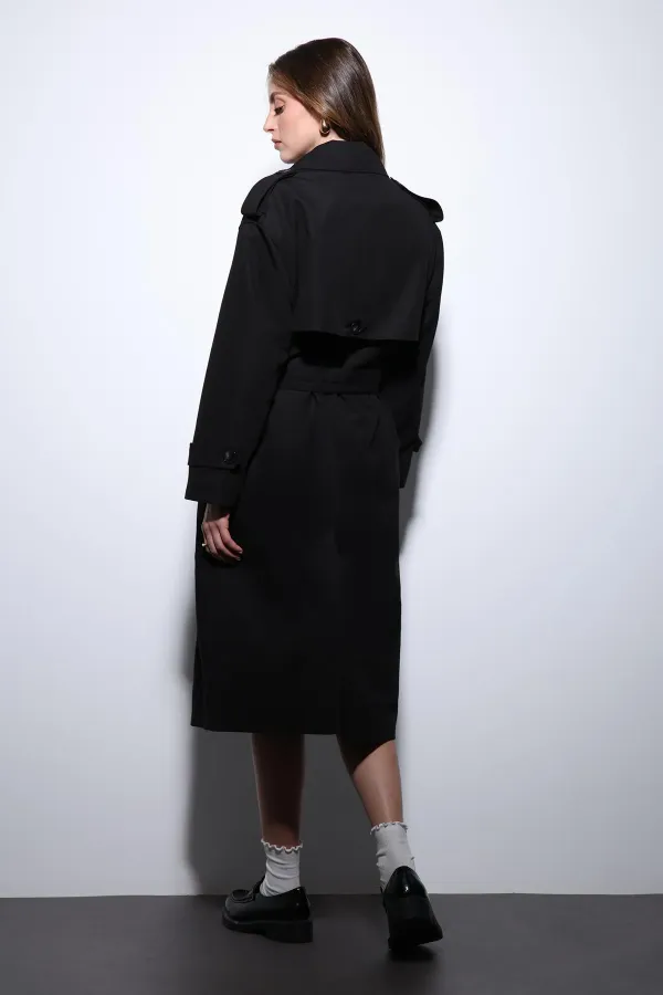 Antioch Black Double-Breasted Belted Women's Trench Coat