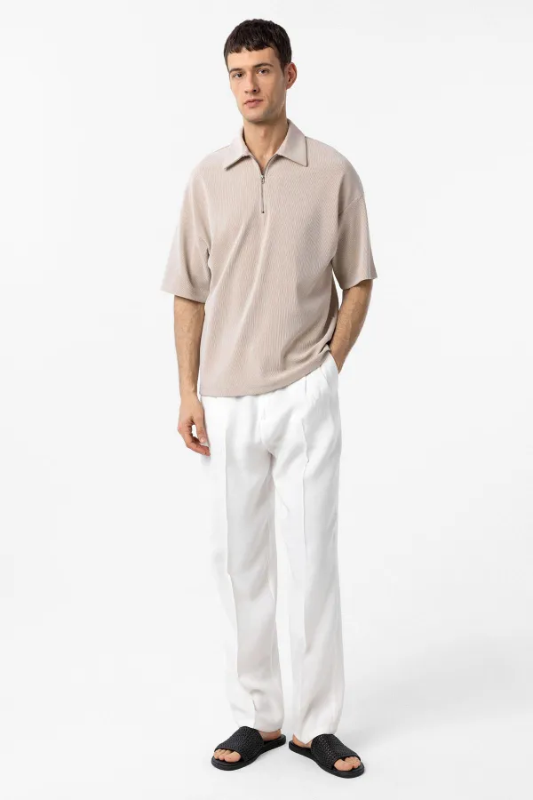 Antioch Bej Relax Fit Fermuarlı Polo Yaka Erkek T-Shirt