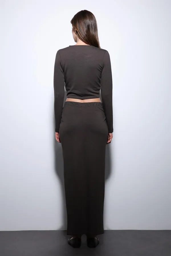Antioch Kahve Yırtmaç Detaylı Kadın Etek Takım