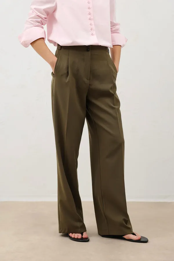 Antioch Khaki Women's Wide Leg Trousers with Pens Detail