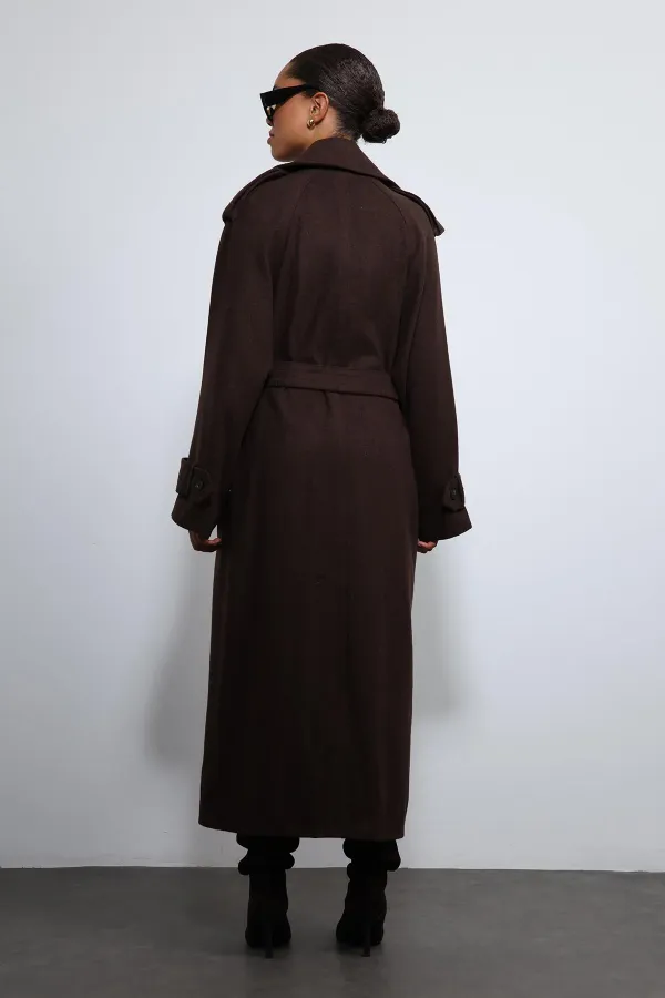 Antioch Kahve Oversize Kemerli Kaban