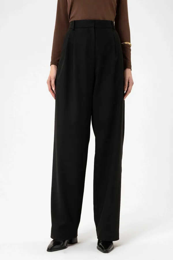 Antioch Black Women's High Waist Straight Fit Pants with Dart Detail