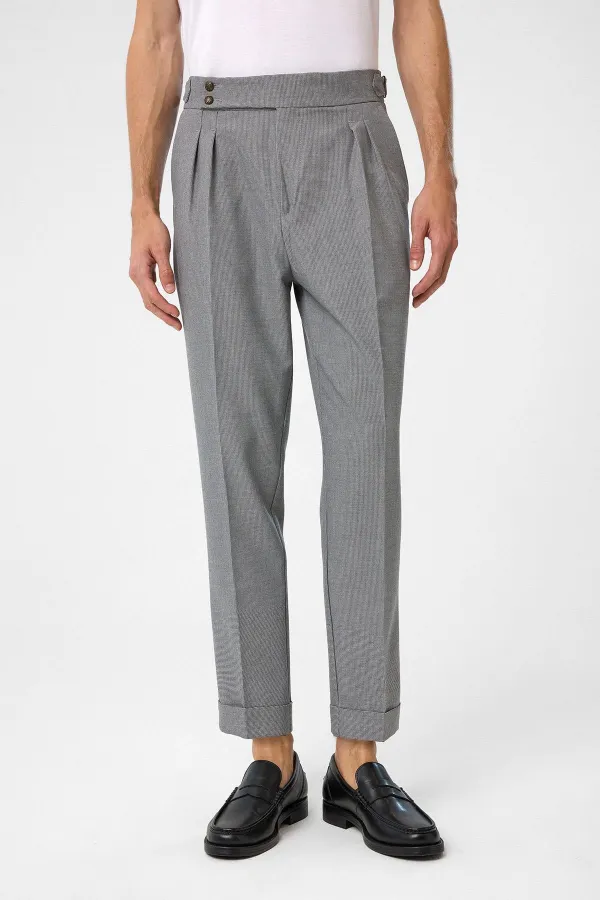 Antioch Dark Grey High-Waisted Pleated Fabric Trousers with Side Buckle
