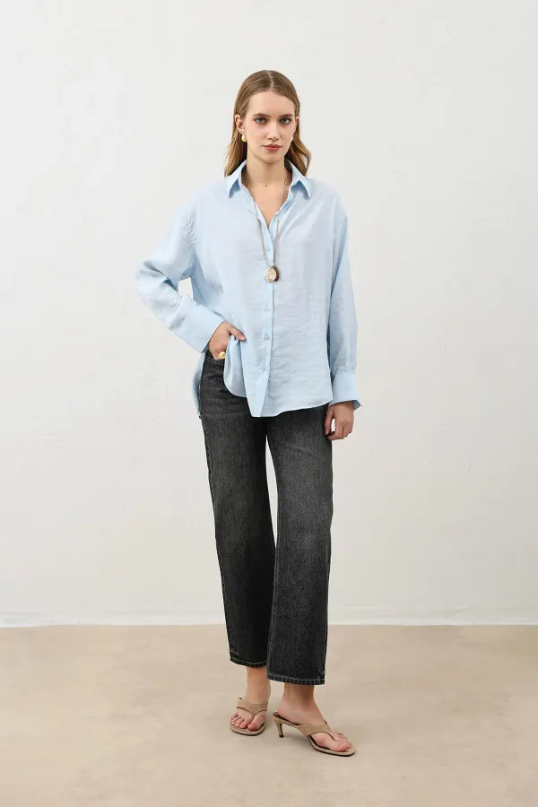 Antioch Bebe Mavi Dökümlü Oversize Kadın Gömlek
