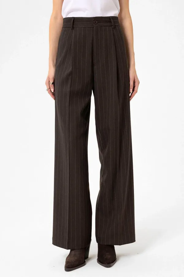 Antioch Kahve Kadın Yüksek Bel Pileli Çizgili Pantolon