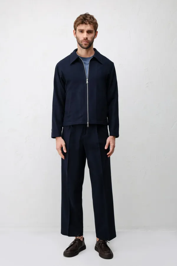 Antioch Navy Blue High-Waisted Pleated Relax Fit Men's Trousers