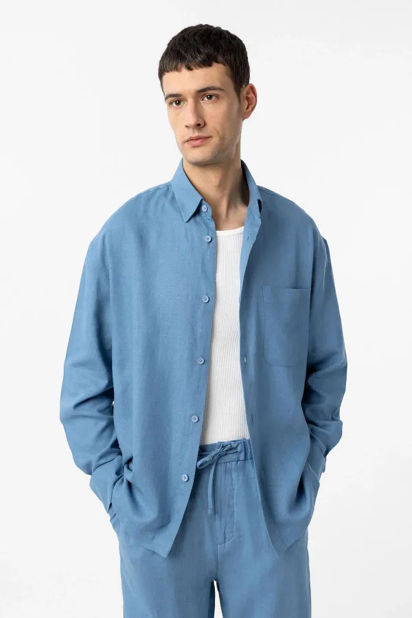 Antioch Bebe Blue Linen Blend Relax Fit Men's Shirt