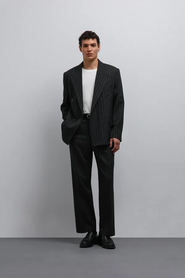 Antioch Black Striped Double-Breasted Men's Blazer Jacket
