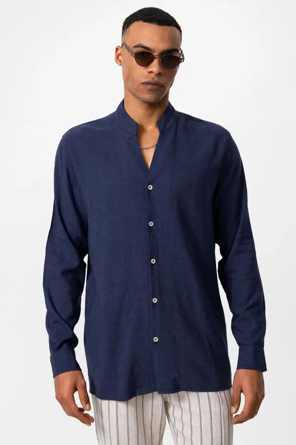 Antioch Navy Blue Mandarin Collar Long-Sleeved Men's Shirt