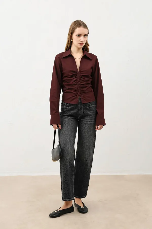 Chemise femme Antioch Burgundy en popeline froncée