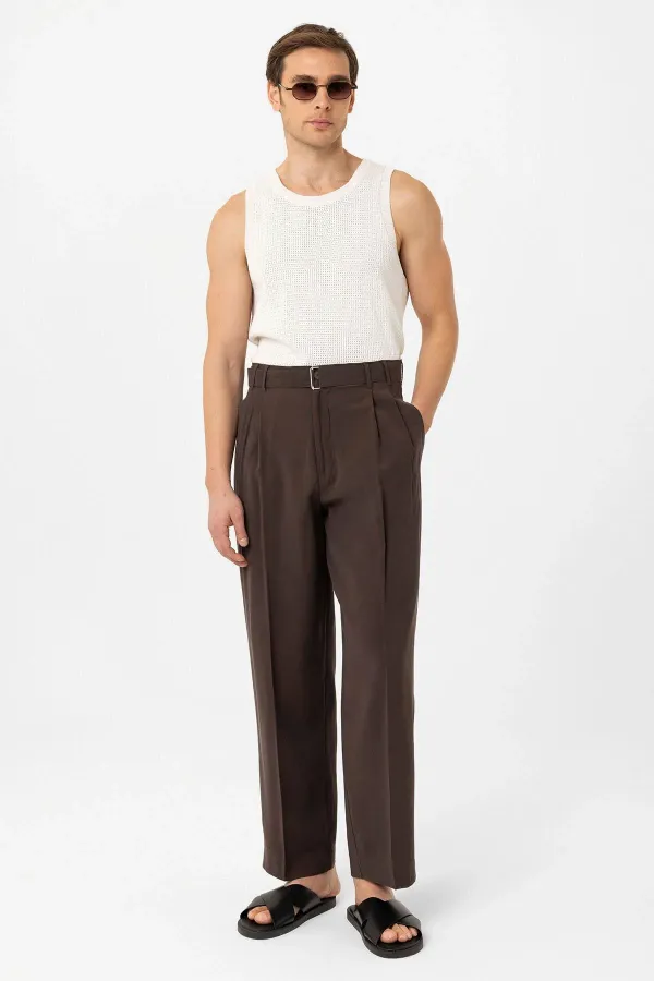 Antioch Kahve Modal Kumaş Relax Fit Kemerli Erkek Pantolon