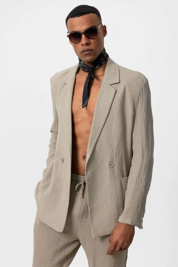 Antioch Beige Double-Breasted Unlined Men's Blazer Jacket