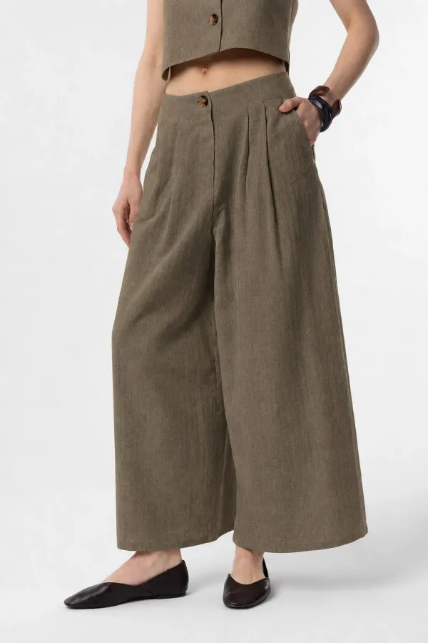 Antioch Khaki Linen Blend Women's Culotte Pants Antioch Khaki Linen Blend Women's Culotte Pants