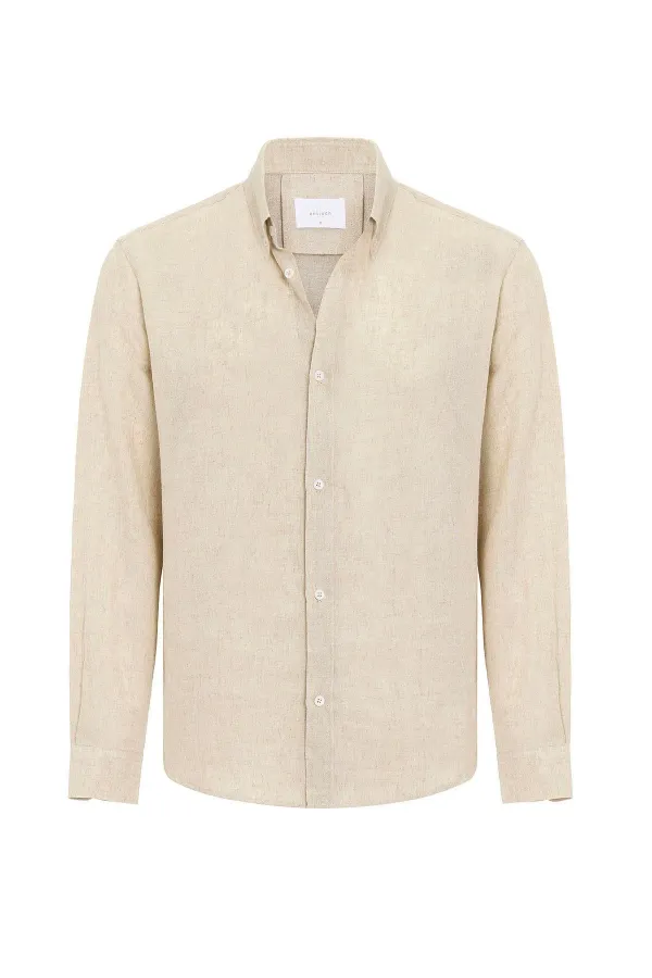 Chemise homme Antioch beige en lin mélangé à col boutonné