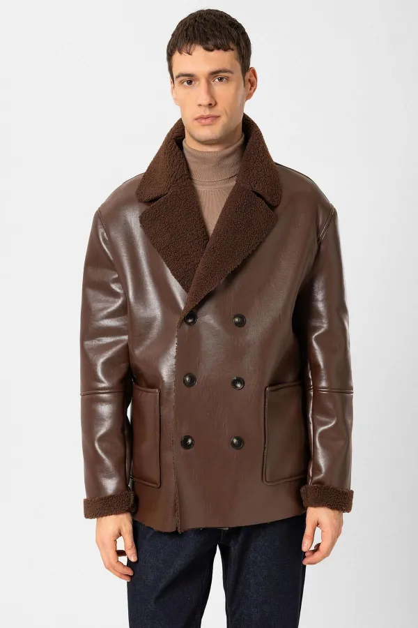 Veste croisée en similicuir pour homme Antioch avec doublure couleur café