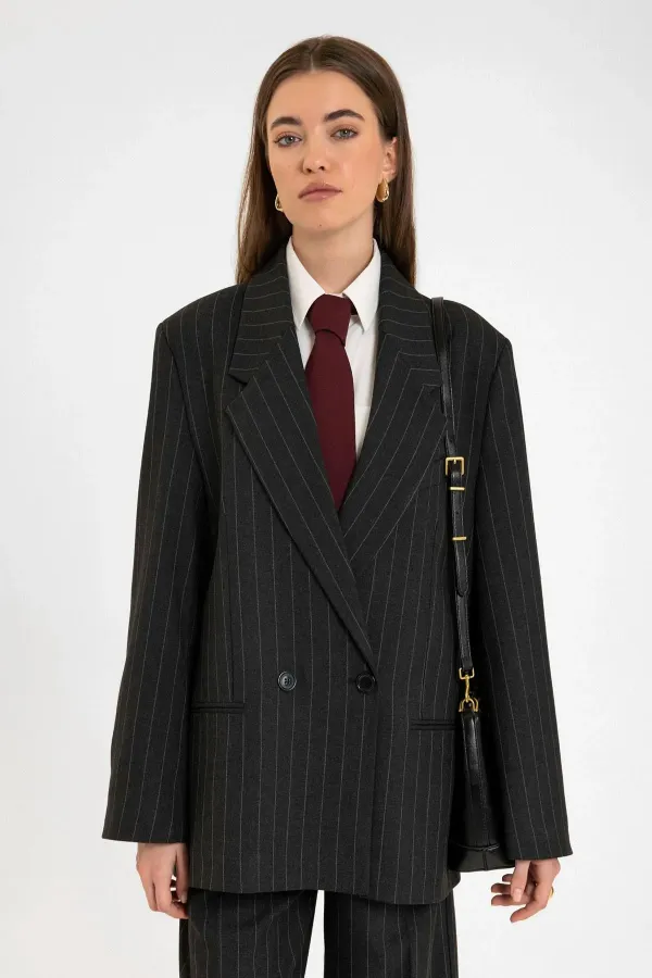 Antioch Black Women's Striped Oversize Blazer Jacket