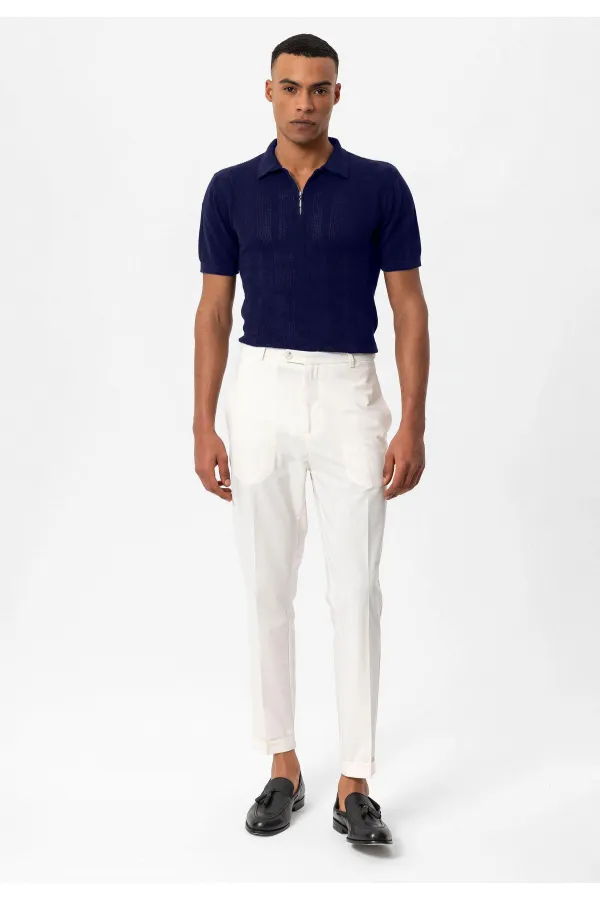 Antioch Navy Blue Polo Collar Zip-Up Knitted Men's T-Shirt