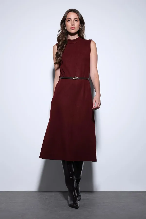 Antioch Burgundy Women's Midi Dress with Belt Detail