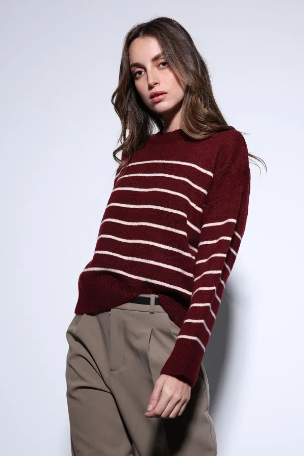 Antioch Bordo Çizgili Triko Kazak