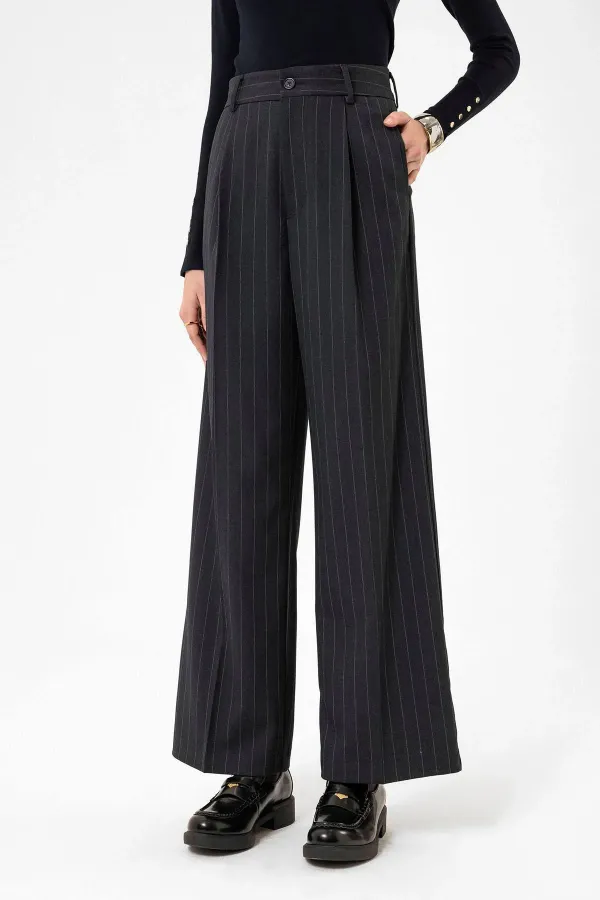 Antioch Lacivert Kadın Yüksek Bel Pileli Çizgili Pantolon