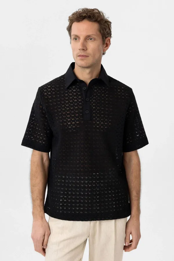 Antioch Siyah Polo Yaka Örgü Erkek T-Shirt