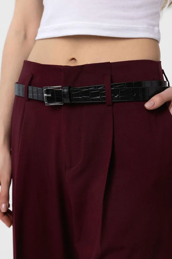 Antioch Bordo Yüksek Bel Pilili Kadın Pantolon