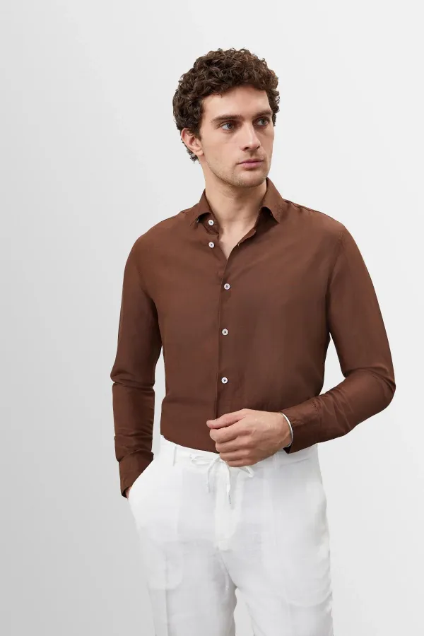 Antioch Men's Shirt with Coffee Collar and Button Detail, 100% Linen