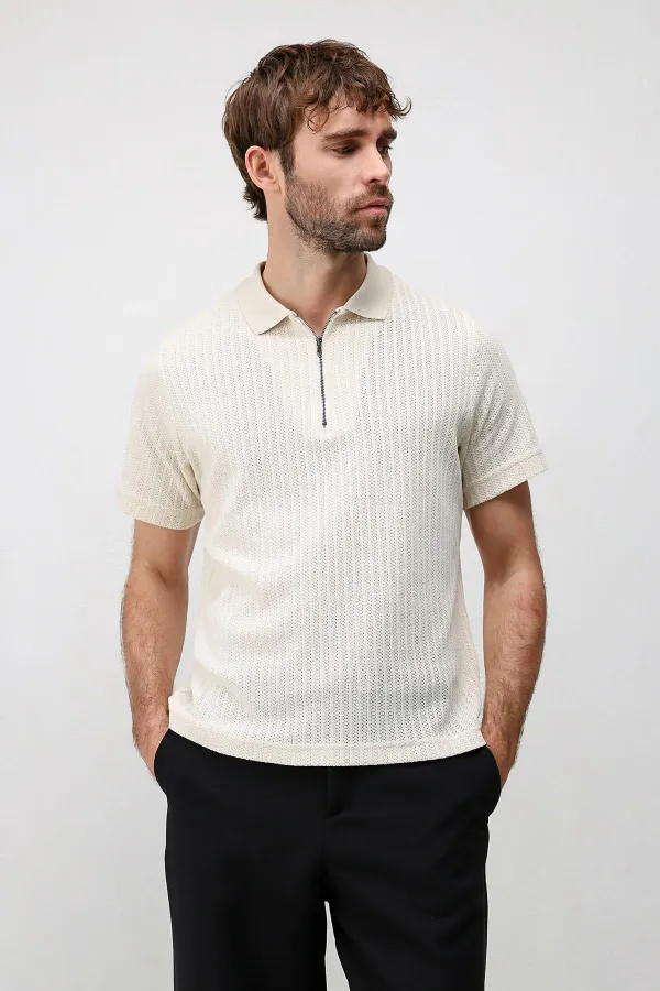 T-shirt polo homme Antioch blanc cassé en maille texturée