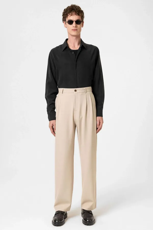 Pantalon homme Antioch beige à taille haute plissée et coupe décontractée