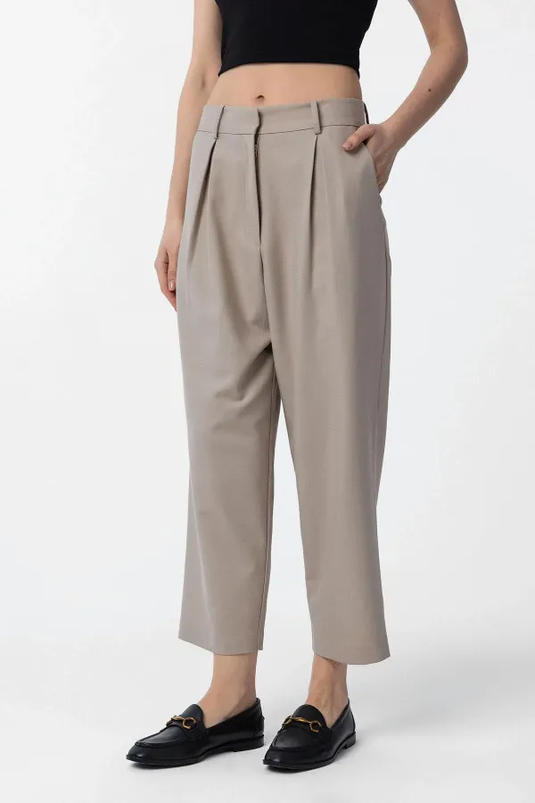 Antioch Beige Pleated Soft Ankle Length Women's Trousers