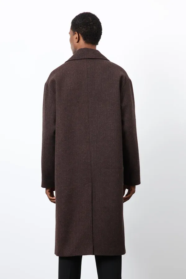 Antioch Kahve Relax Fit Balıksırtı Desenli Erkek Kaban