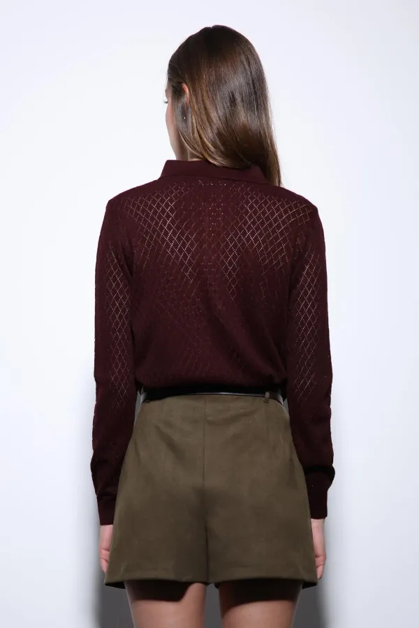 Pull en maille à motif Antioch bordeaux à col polo pour femme