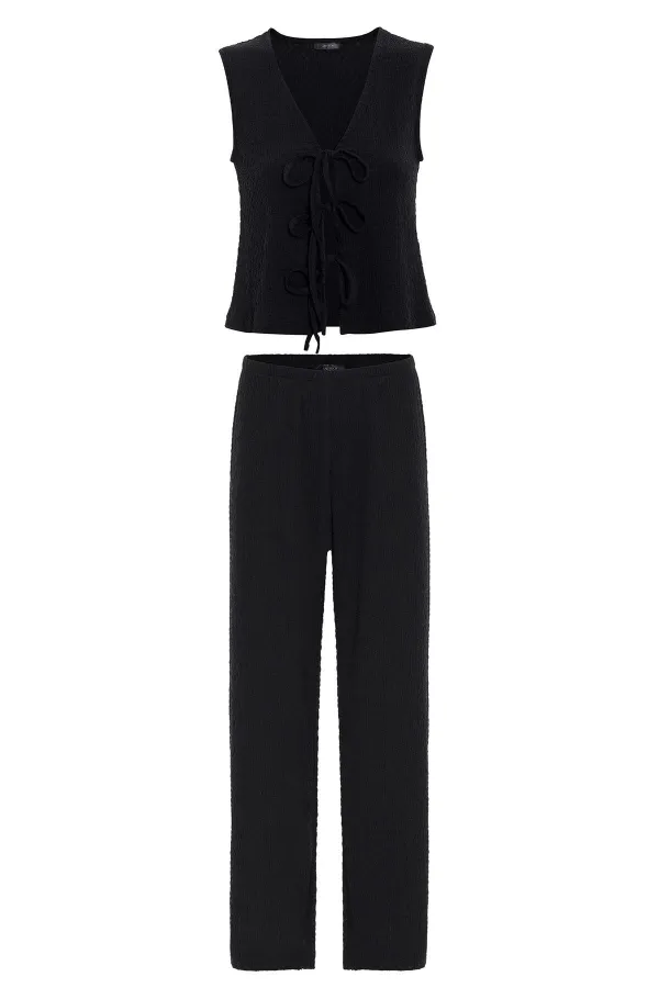 Antioch Black Textured Women's Suit with Tie Detail