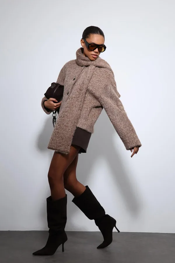 Antioch Kahve Atkı Yaka Suni Kürklü Kaban