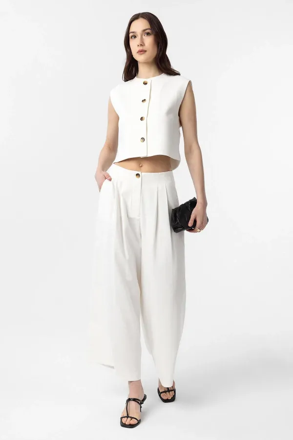 Antioch Beyaz Keten Karışımlı Kadın Yelek