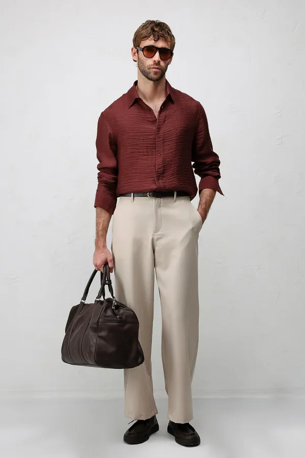 Antioch Bordo Crinkled Relax Fit Erkek Gömlek