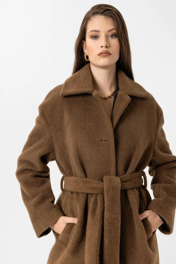 Manteau texturé doux avec ceinture pour femme Antioch Coffee
