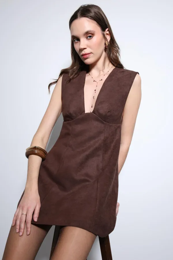 Antioch Kahve Dekolteli Kısa Elbise