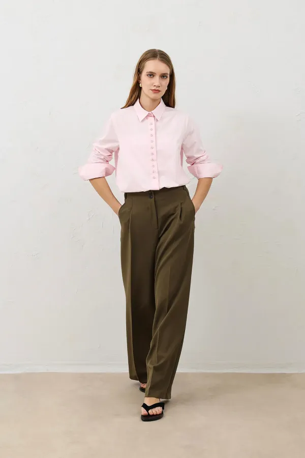 Antioch Khaki Women's Wide Leg Trousers with Pens Detail