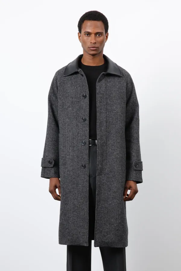 Antioch Black Wool Blend Contrast Collar Men's Coat