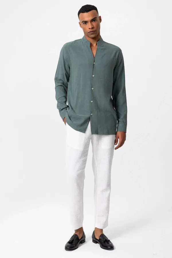 Antioch Khaki Mandarin Collar Long-Sleeved Men's Shirt
