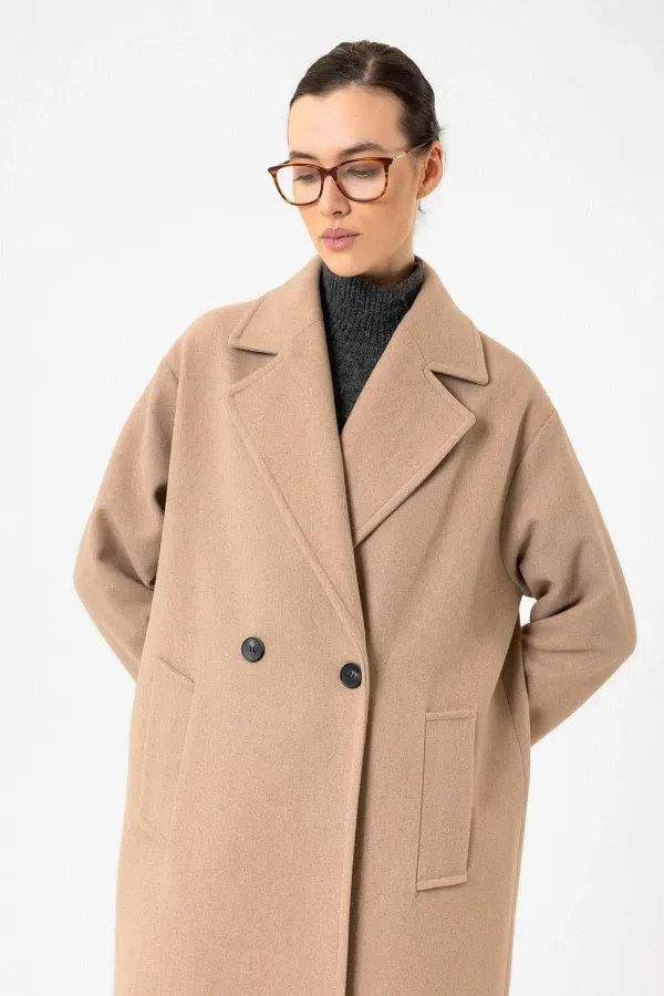 Antioch Bej Kadın Yumuşak Dokulu Oversize Kruvaze Kaban