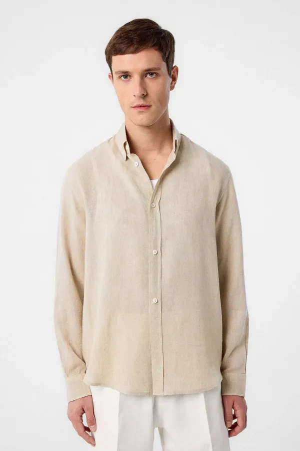 Chemise homme Antioch beige en lin mélangé à col boutonné
