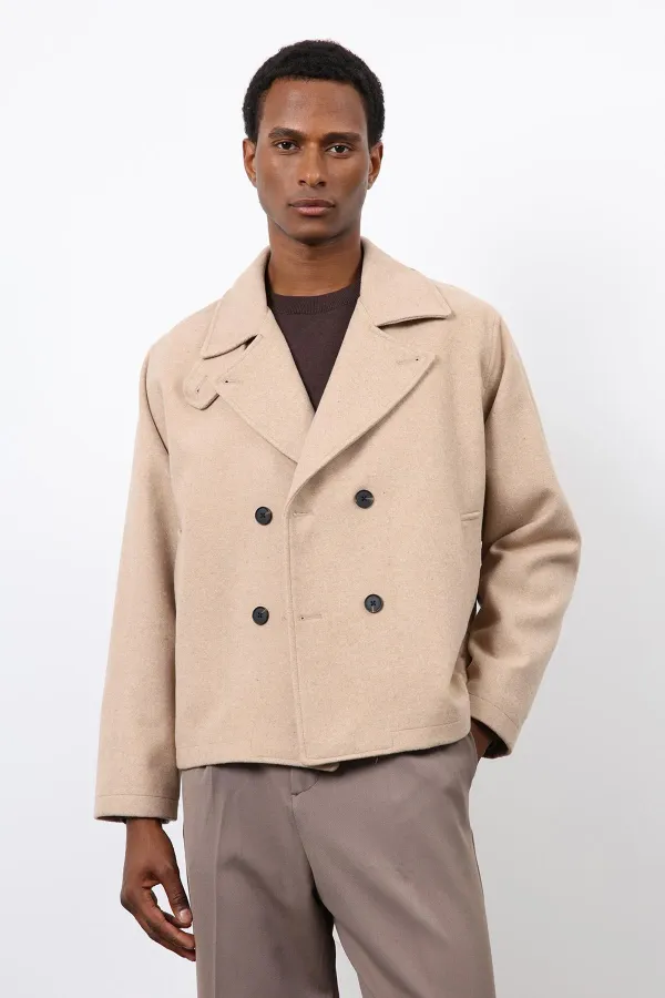 Antioch Beige Double-Breasted Short Men's Coat