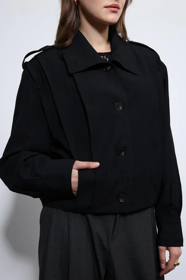 Antioch Black Pleated Detail Stand Collar Coat